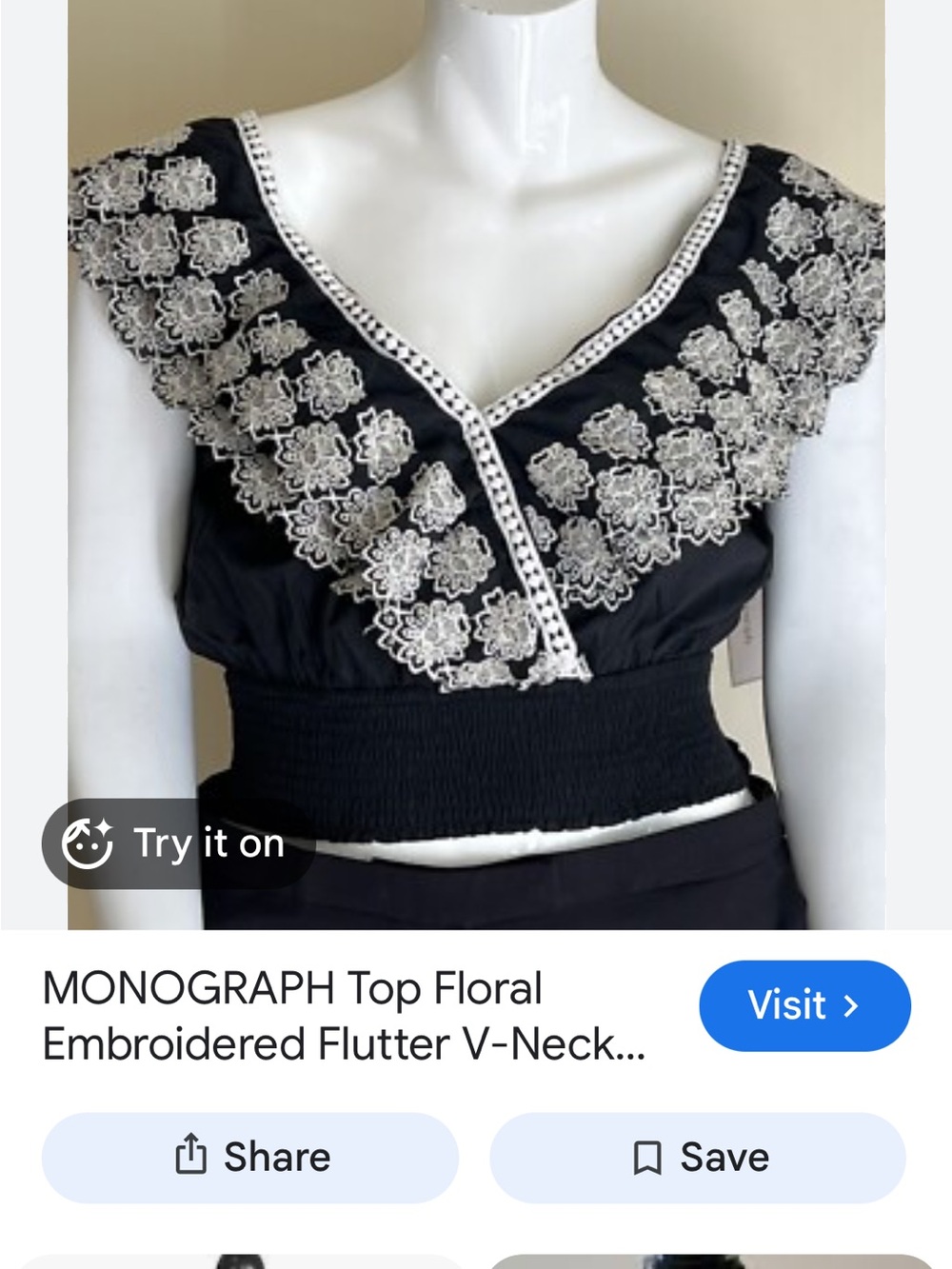Black Flutter V-Neck Crop Top with White Floral Embroidery